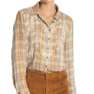 Free People Magical Plaid Button Top Blouse Shirt Yellow Floral Embroidered